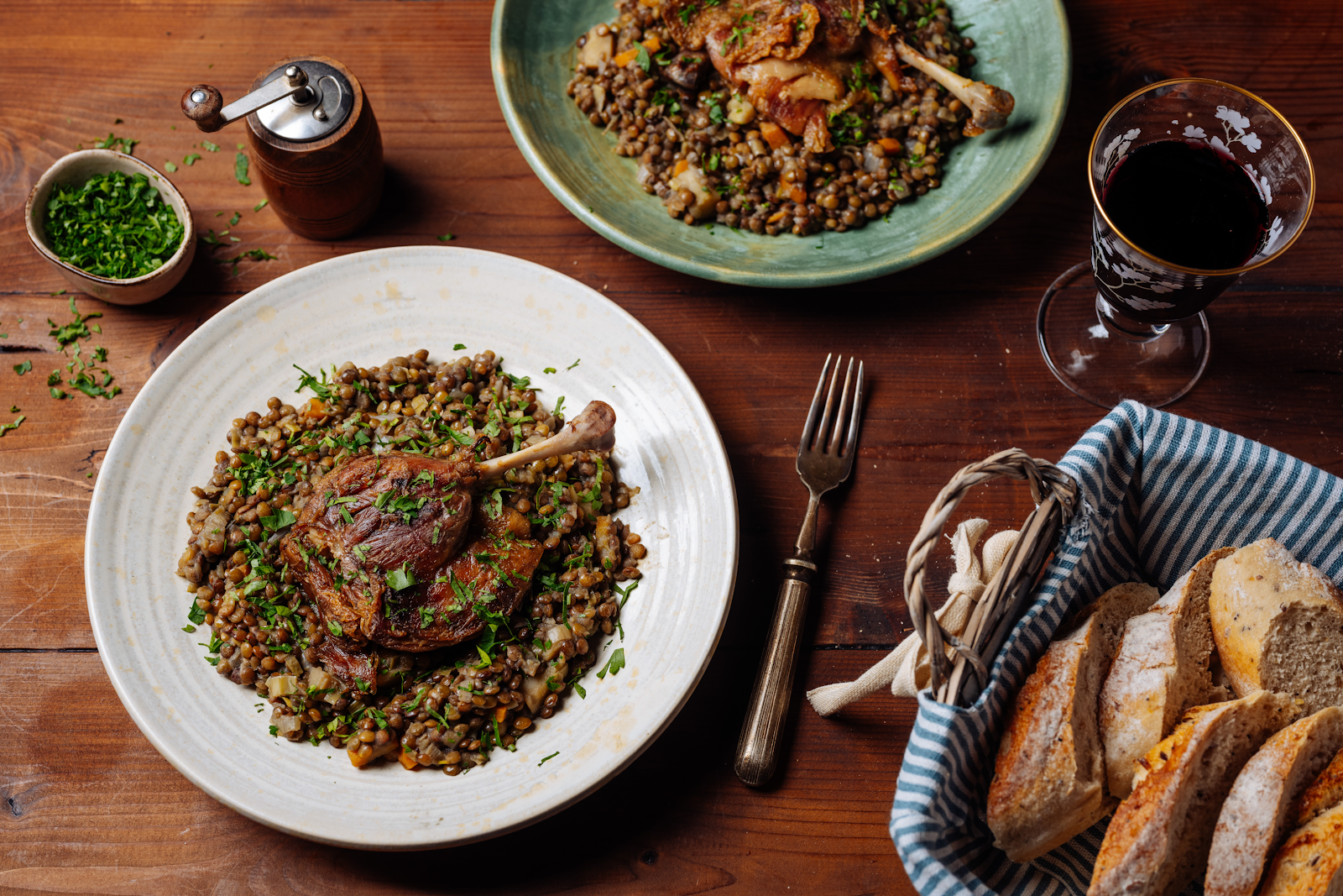 Duck confit over lentils is a comforting, hearty winter food. 