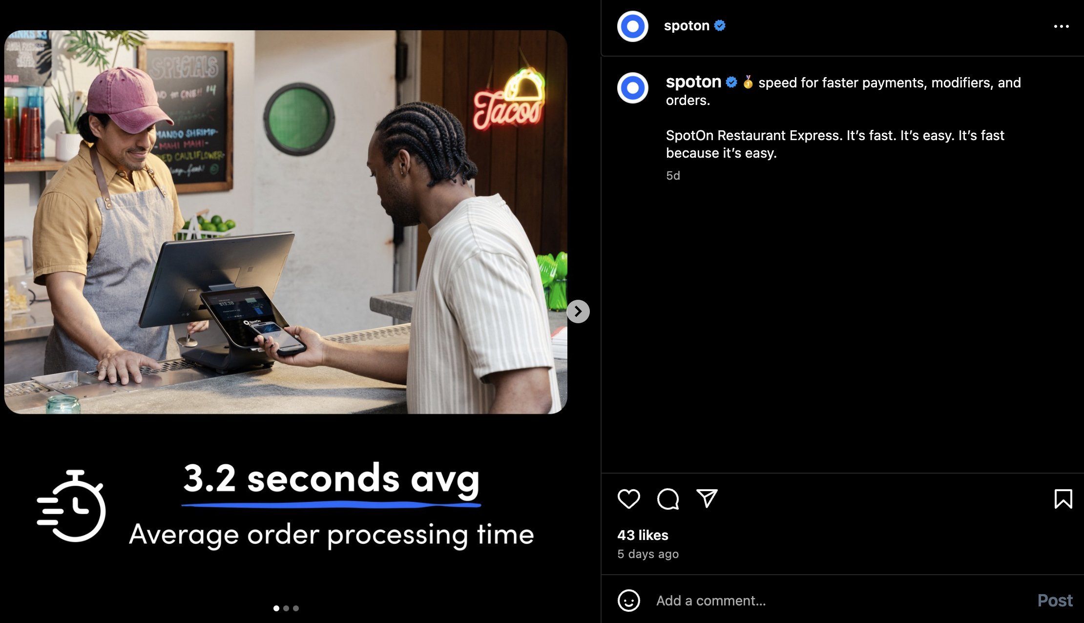 Instagram screenshot of SpotOn point-of-sale system.