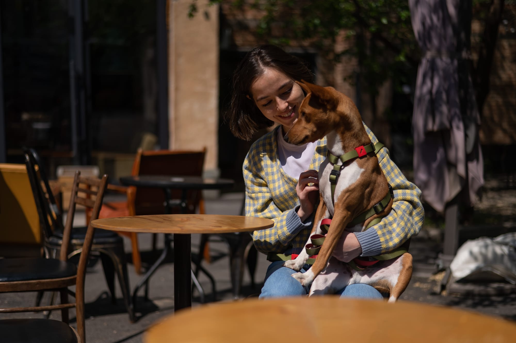 Woman with her pet dog at a restaurant cafe.