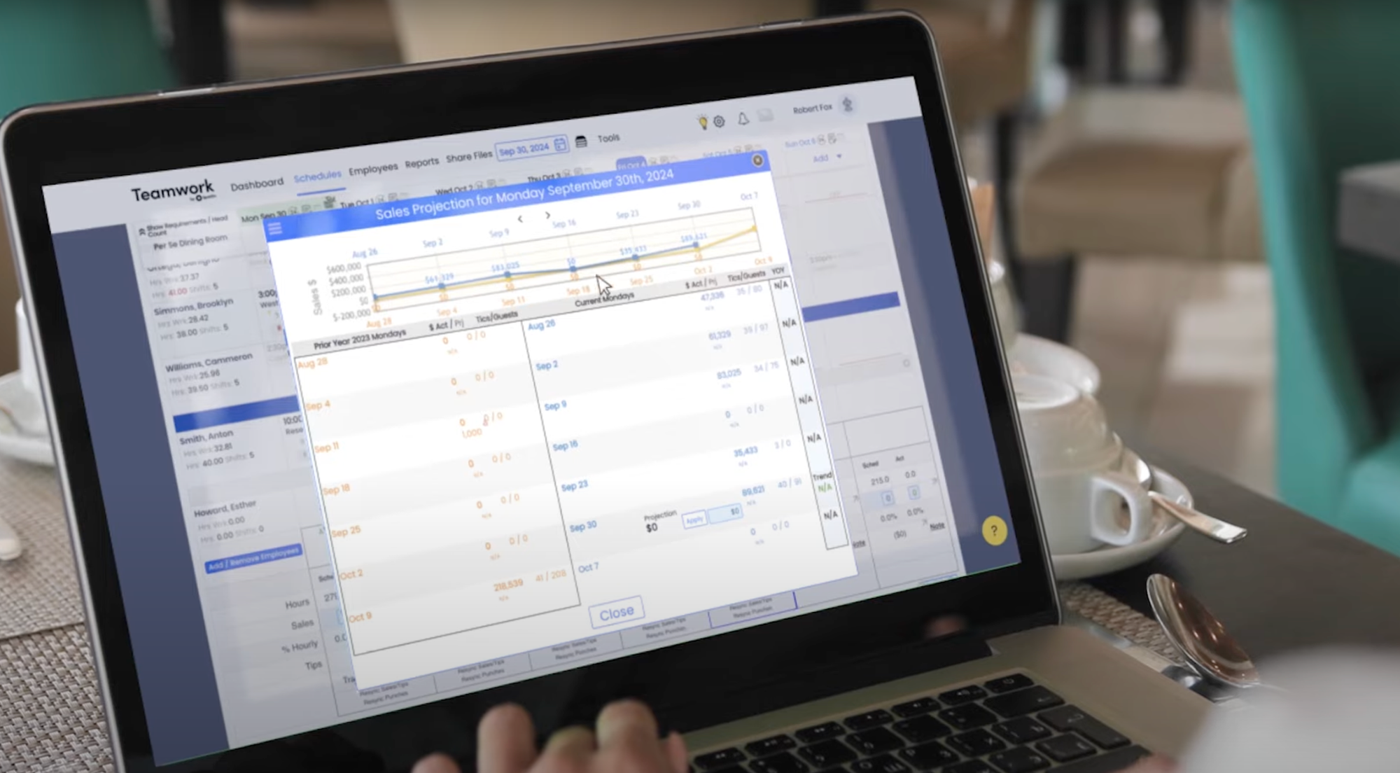 Laptop screen on a restaurant table showing labor costs vs. sales