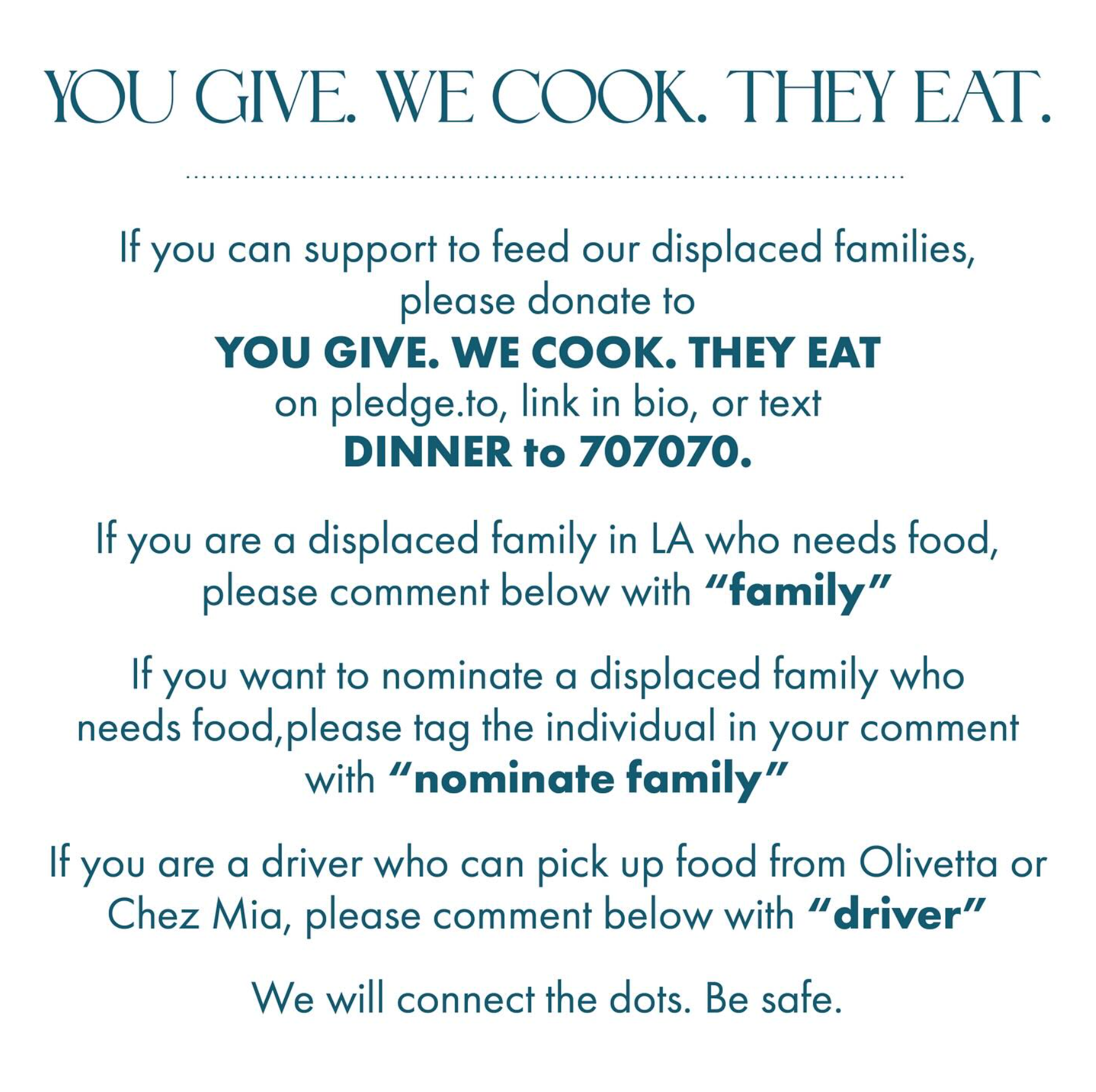 Chez Mia's Instagram Post: You Give. We Cook. They Eat.