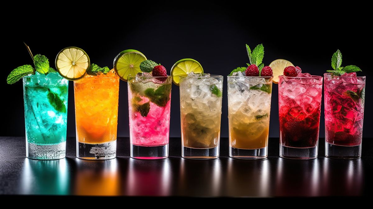 What is a mocktail? Different types of non alcoholic mocktails lined next to each other.