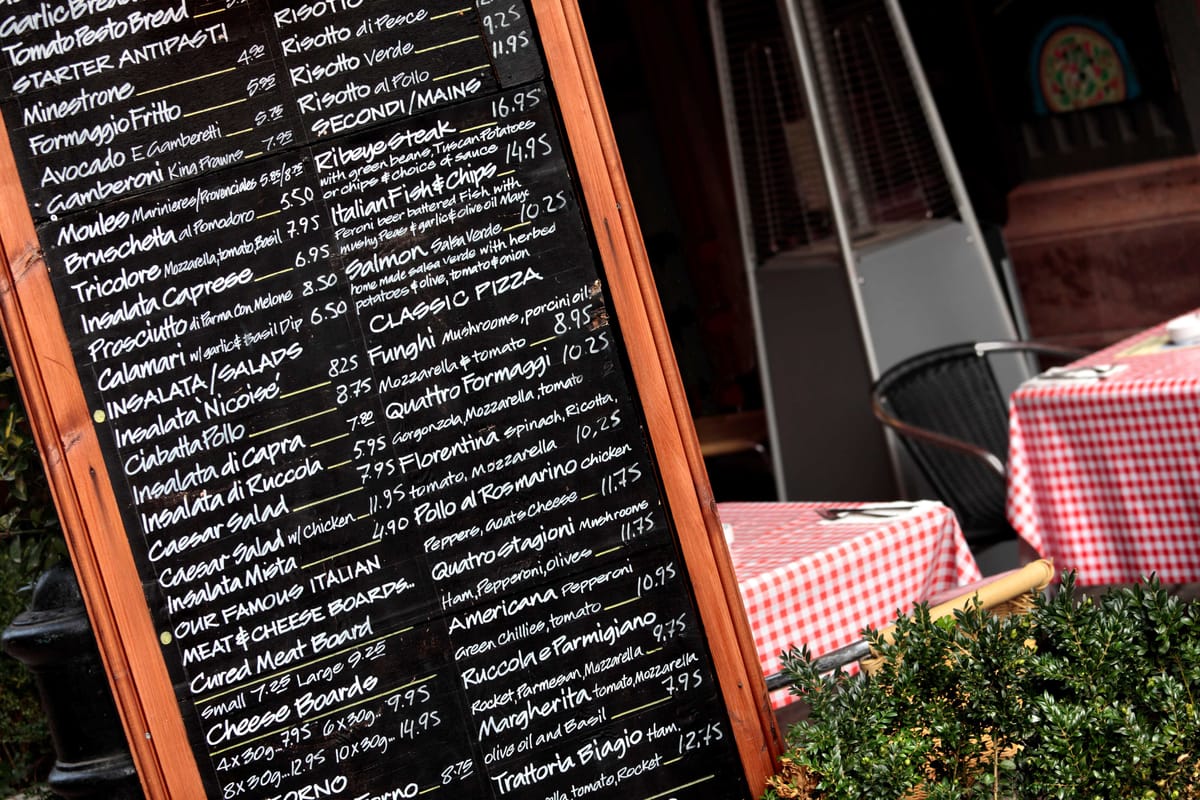 A chalkboard in front of an Italian restaurant with menu items and prices